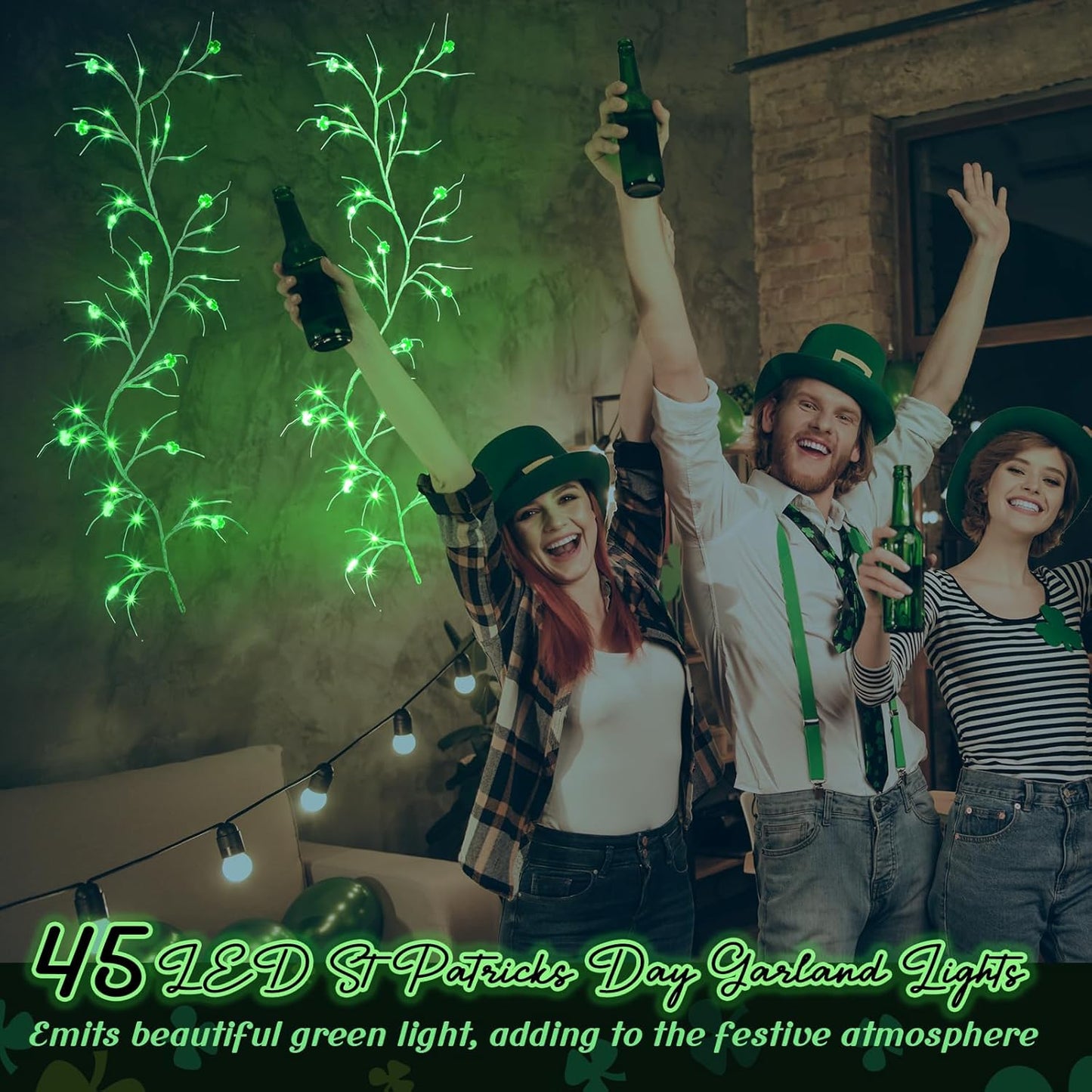 2 Sets 4.9FT St Patricks Day Garland Lights Willow Vine Lights 45LED Shamrocks Wall Tree Light St Patricks Day Home Decor Battery Operated with Remote Control for Bedroom Party Mantel Decor