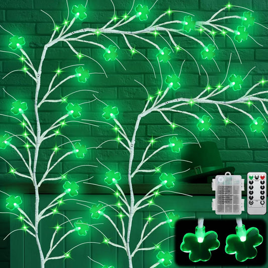 2 Sets 4.9FT St Patricks Day Garland Lights Willow Vine Lights 45LED Shamrocks Wall Tree Light St Patricks Day Home Decor Battery Operated with Remote Control for Bedroom Party Mantel Decor