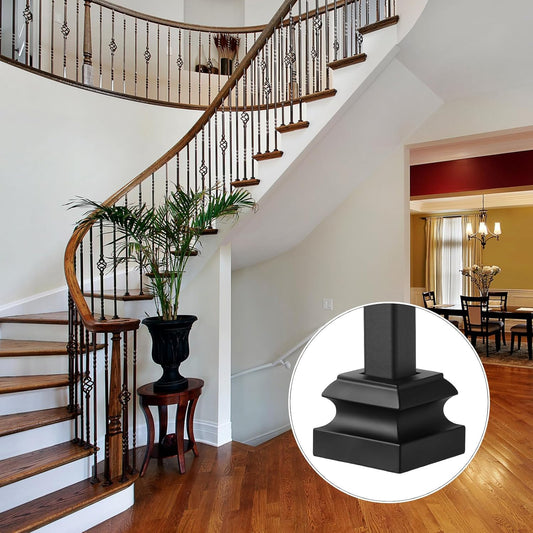 Therwen 40 Sets Wrought Iron Balusters, Square Stair Iron Balusters Hollow Straight Bar Metal Baluster Shoes Stair Flat Shoe for 1/2 Square Staircase Metal Spindle Railing, Satin Black