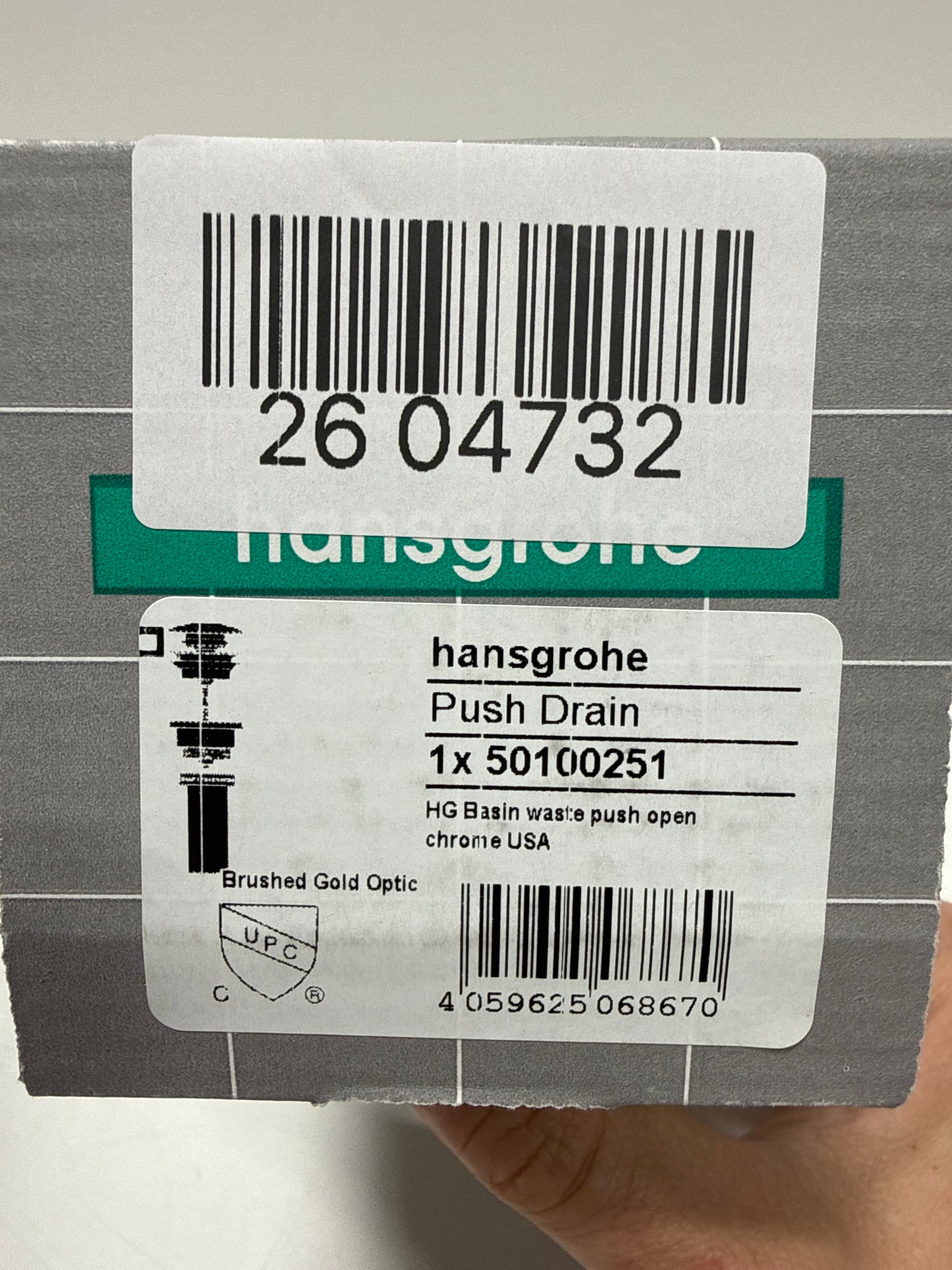 Hansgrohe, 50100251, Accessories 1-1/4" Push-Open Drain Assembly with Overflow, Brushed Gold Optic
