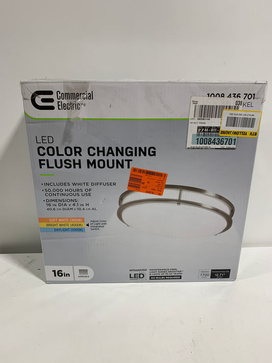 DC Series 16 in. 1-Light Modern Brushed Nickel Selectable Dimmable LED Round Flush Mount with White Acrylic Shade