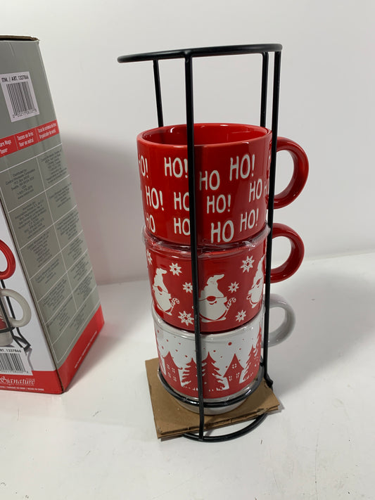 Signature Houseware Holiday Stoneware Mugs Wire Tower 3 Mugs with Wire Tower
