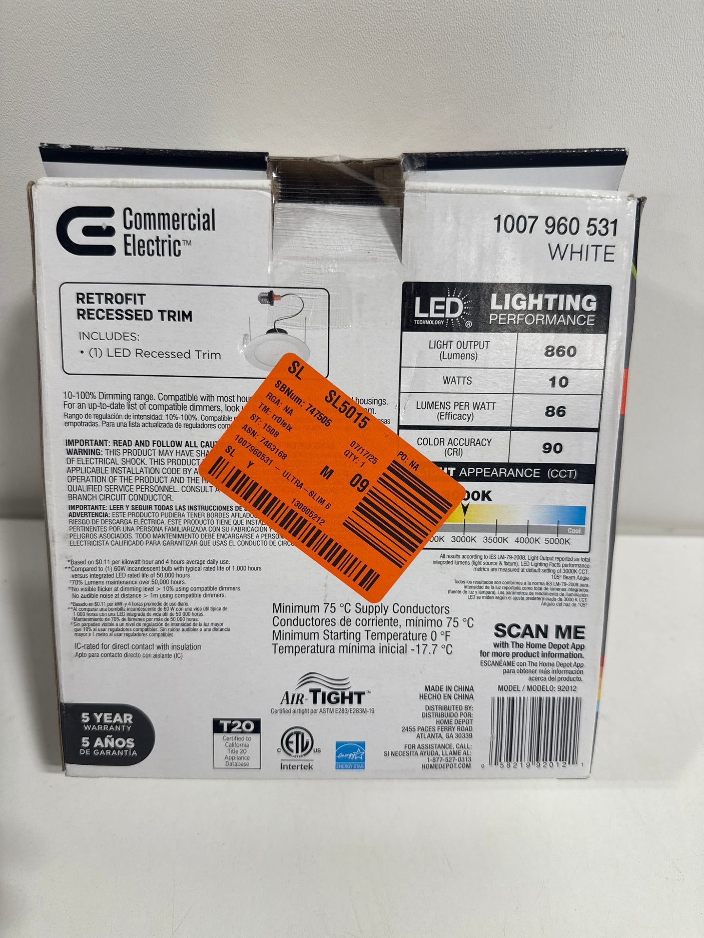 Commercial Electric Slim LED Color Changing Recessed Trim White 6"