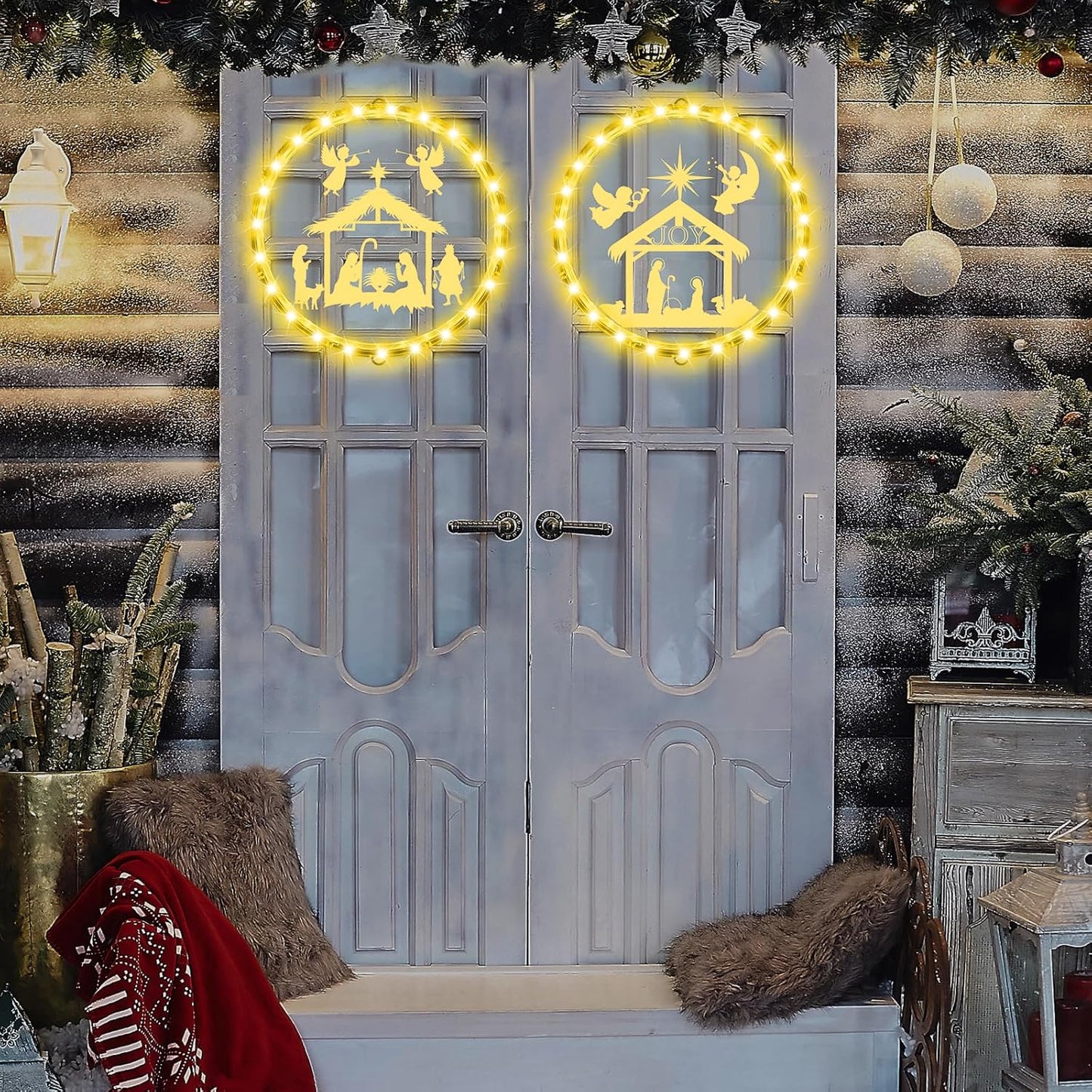 4 Pcs 9.45 Inch Christmas Window Lights Nativity Scene Hanging Lights Christian Religious Jesus LED Sign Indoor Jesus Window Decor for Door Holiday Xmas Holy Night Party