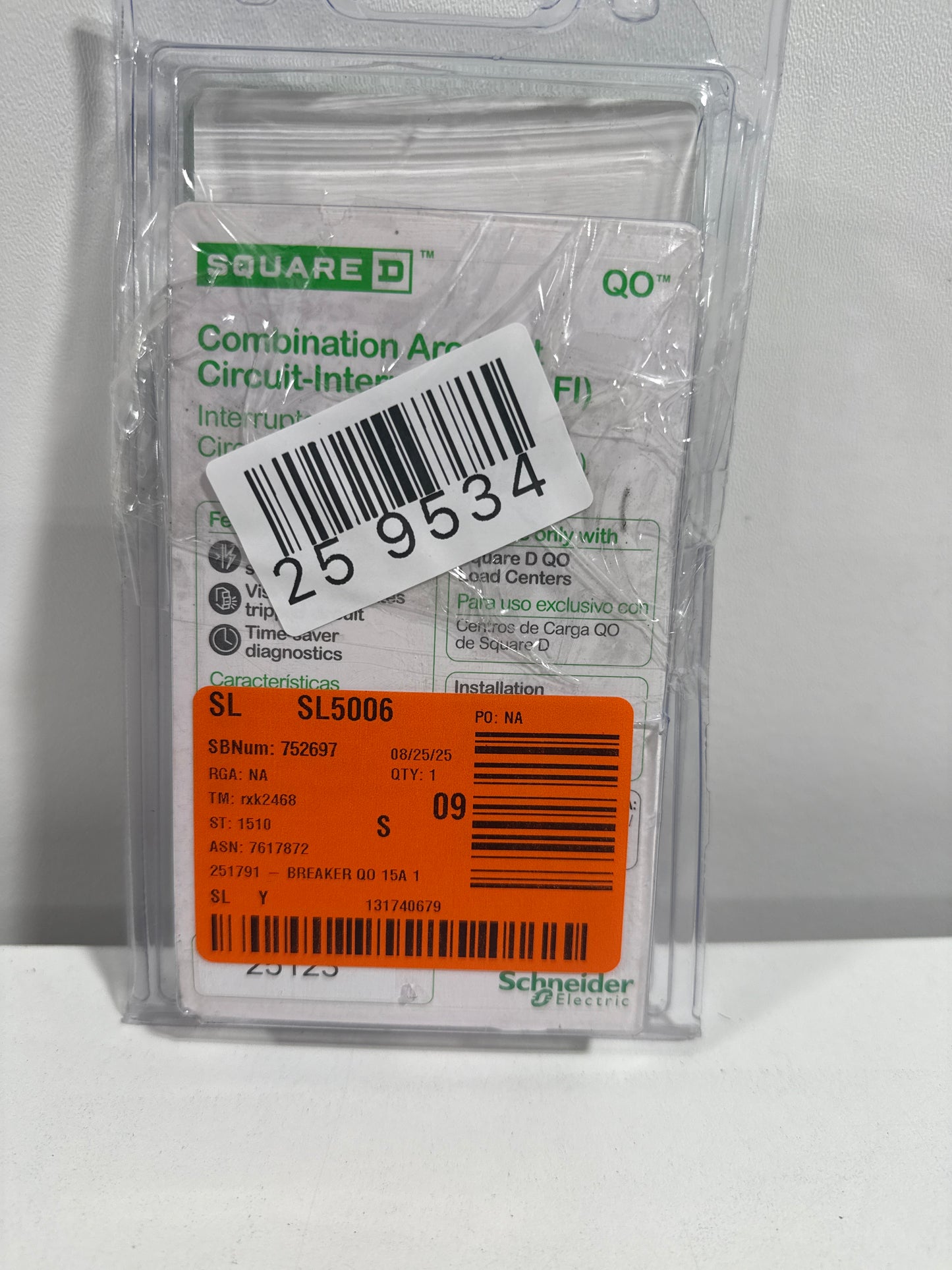 Square D QO 15 Amps Arc Fault Single Pole Circuit Breaker