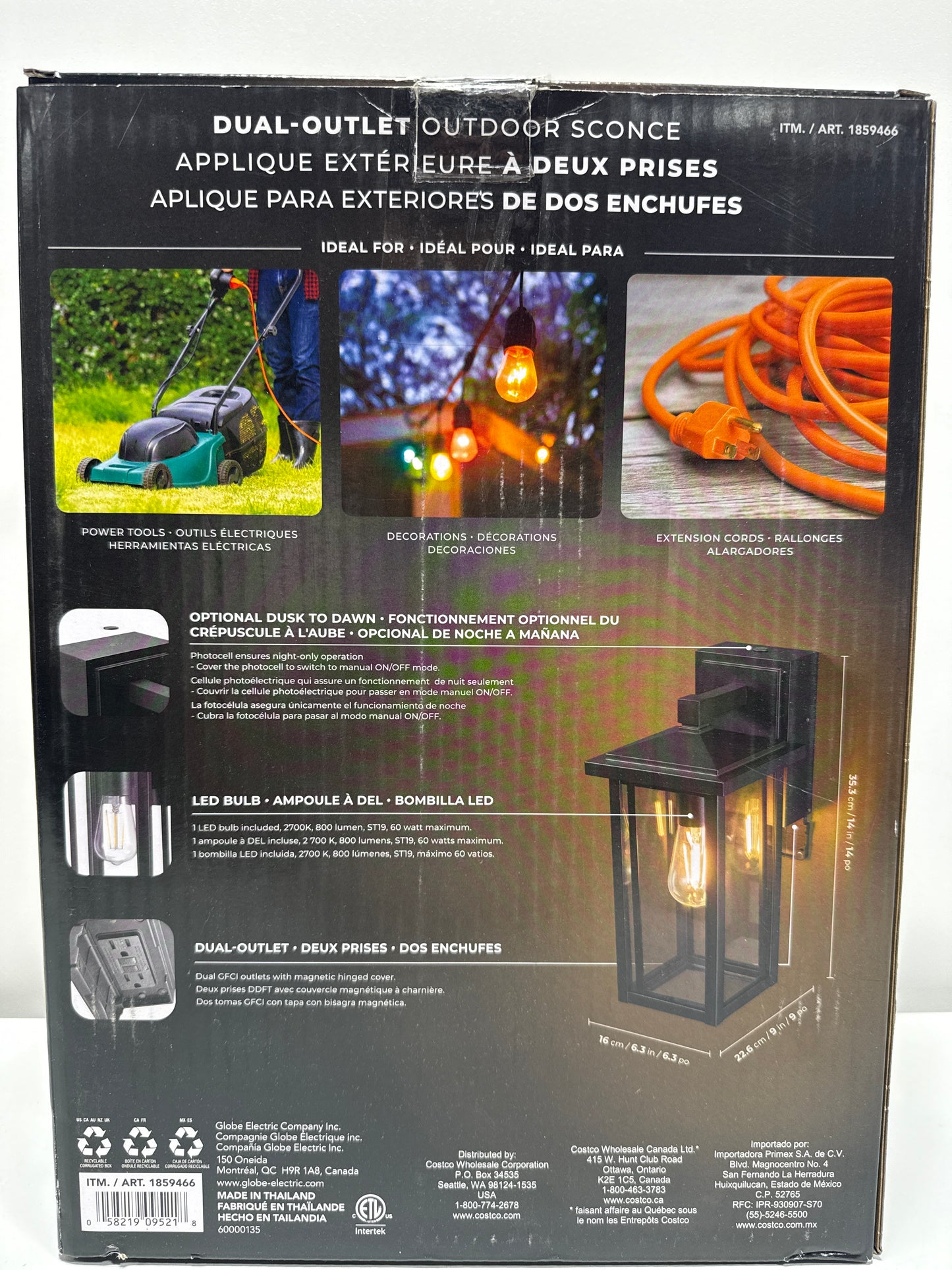 Globe Electric Dual-Outlet Outdoor Wall Sconce, Black, Dusk to Dawn Photocell, Dual GFCI Outlets, Magnetic Cover, 800 Lumens, LED Bulb Included