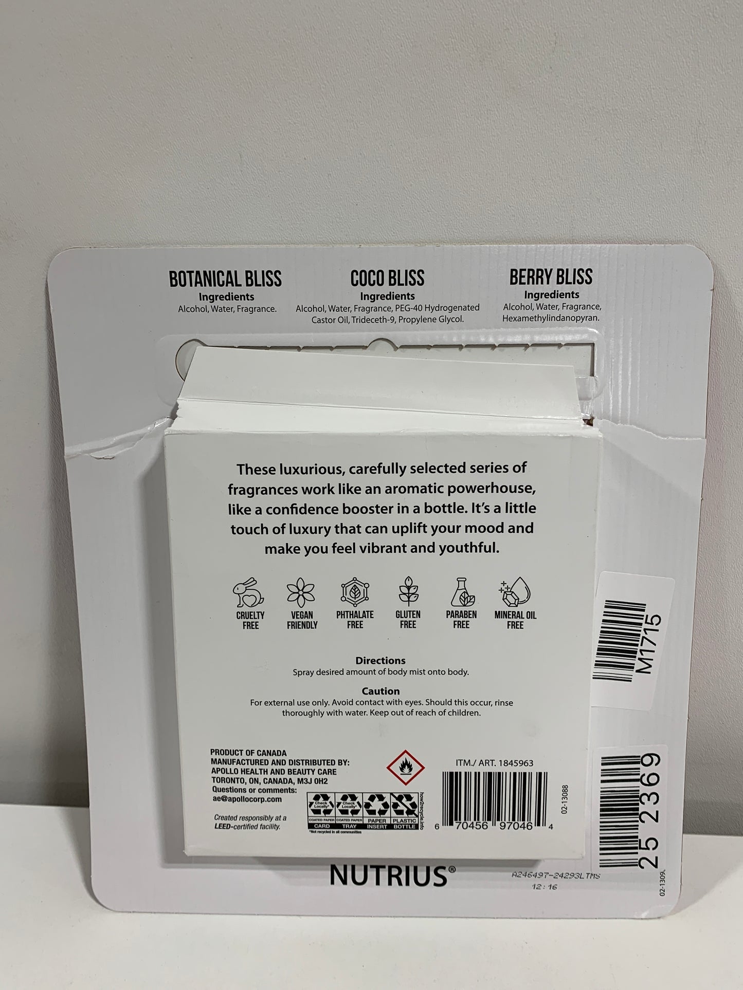 Nutrius Body Mist Set 3: Berry Bliss, Coco Bliss, Botonical Bliss Cruelty Free