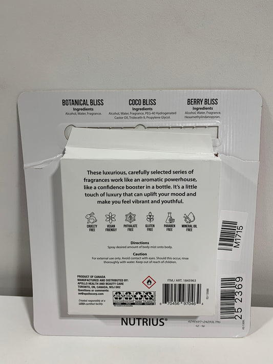 Nutrius Body Mist Set 3: Berry Bliss, Coco Bliss, Botonical Bliss Cruelty Free