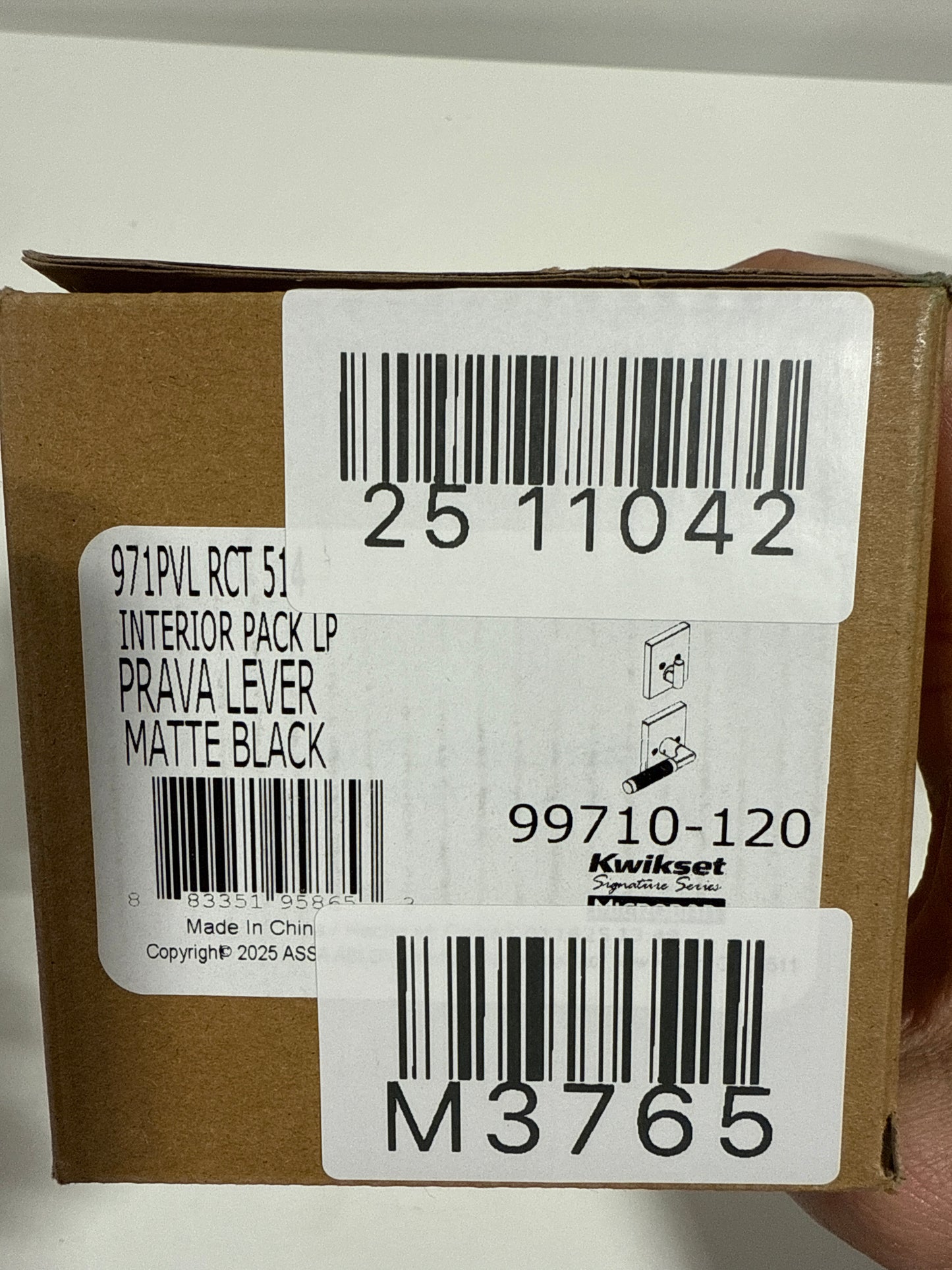 Kwikset 971PVLRCT Prava Lever Keyed Entry Interior Pack with Knurled Handle and Rectangle Rose for Handlesets Matte Black