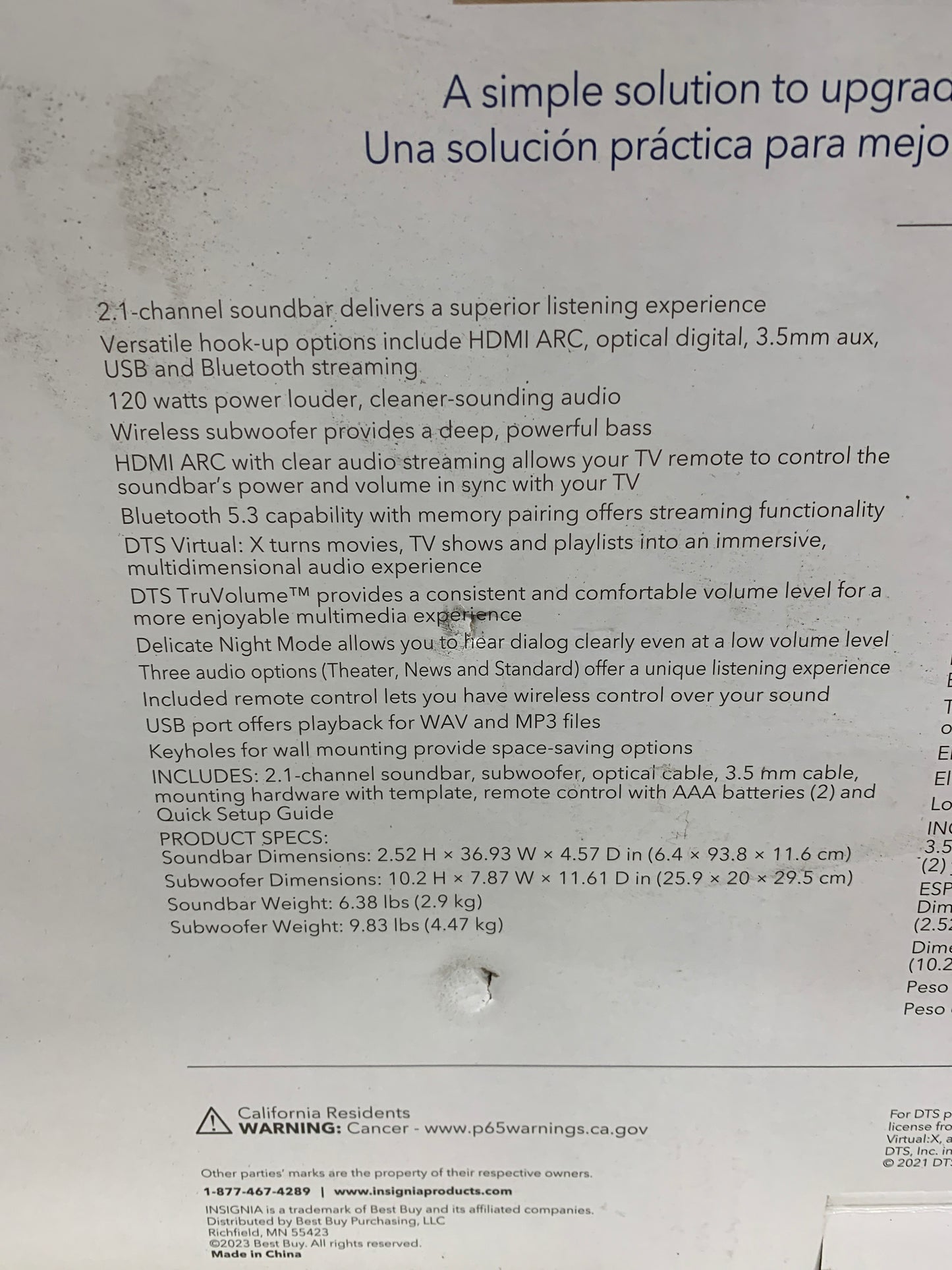 Insignia - 2.1-Channel Soundbar with Wireless Subwoofer and DTS:Virtual X - Black