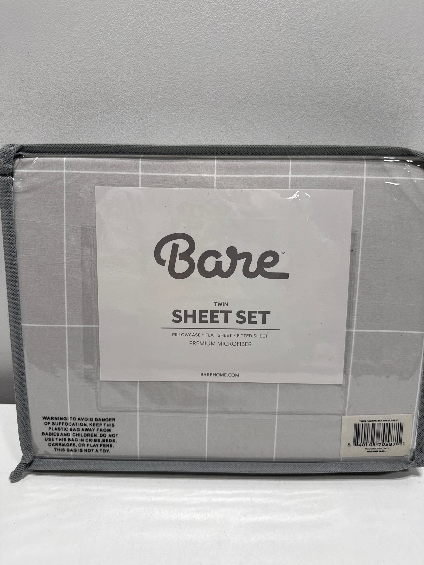 Bare Home Ultra-Soft Sheet Set - Premium 1800 Collection - Deep Pockets - 3-Pieces - Twin Grid - Stone/White