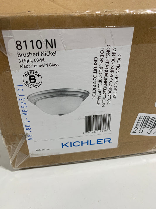 Independence 15.25 in. 3-Light Brushed Nickel Traditional Hallway Flush Mount Ceiling Light with Alabaster Swirl Glass