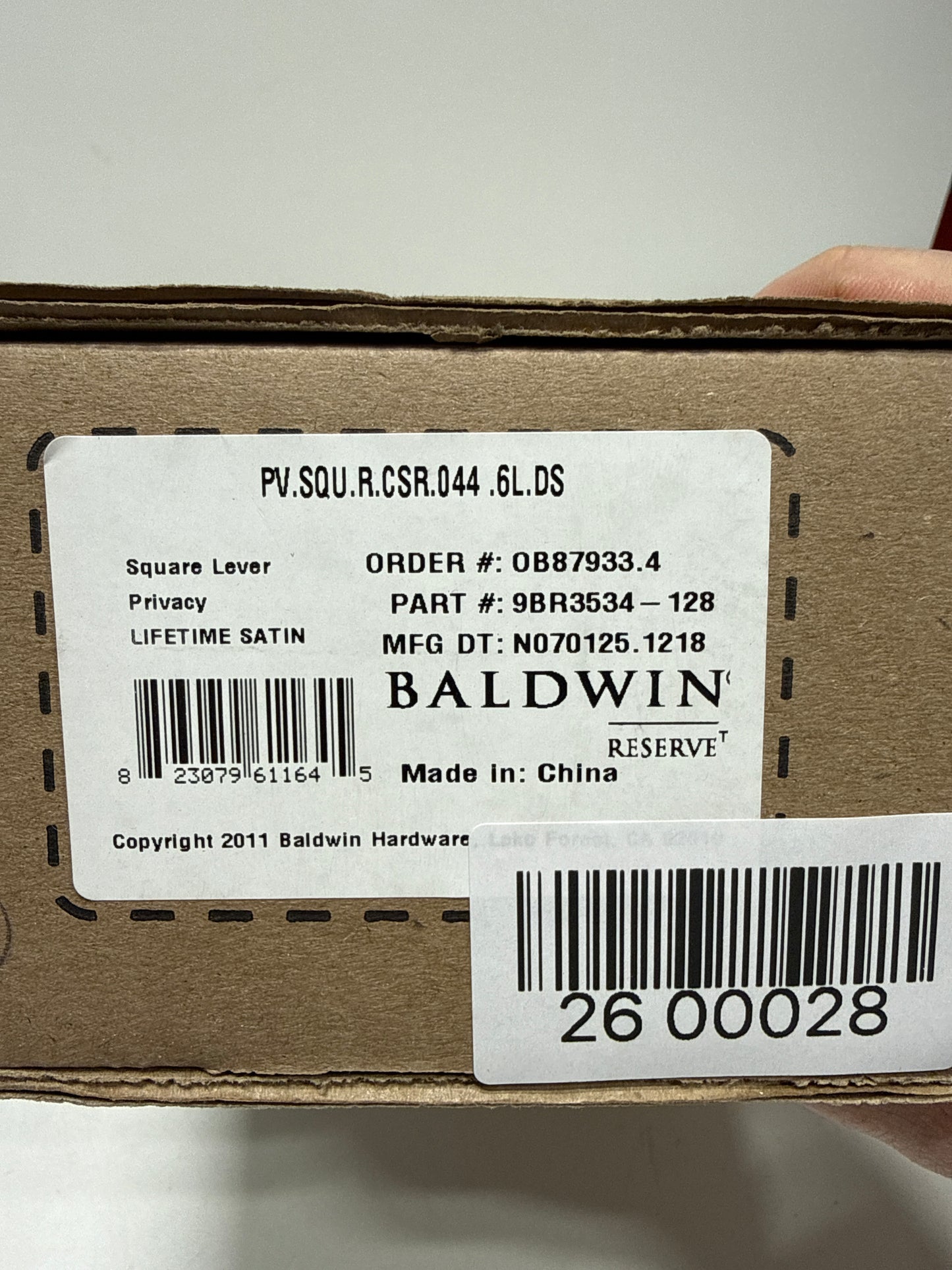 Baldwin PV.SQU.CSR Square Privacy Lever Set with Contemporary Square Rose Lifetime Satin Brass