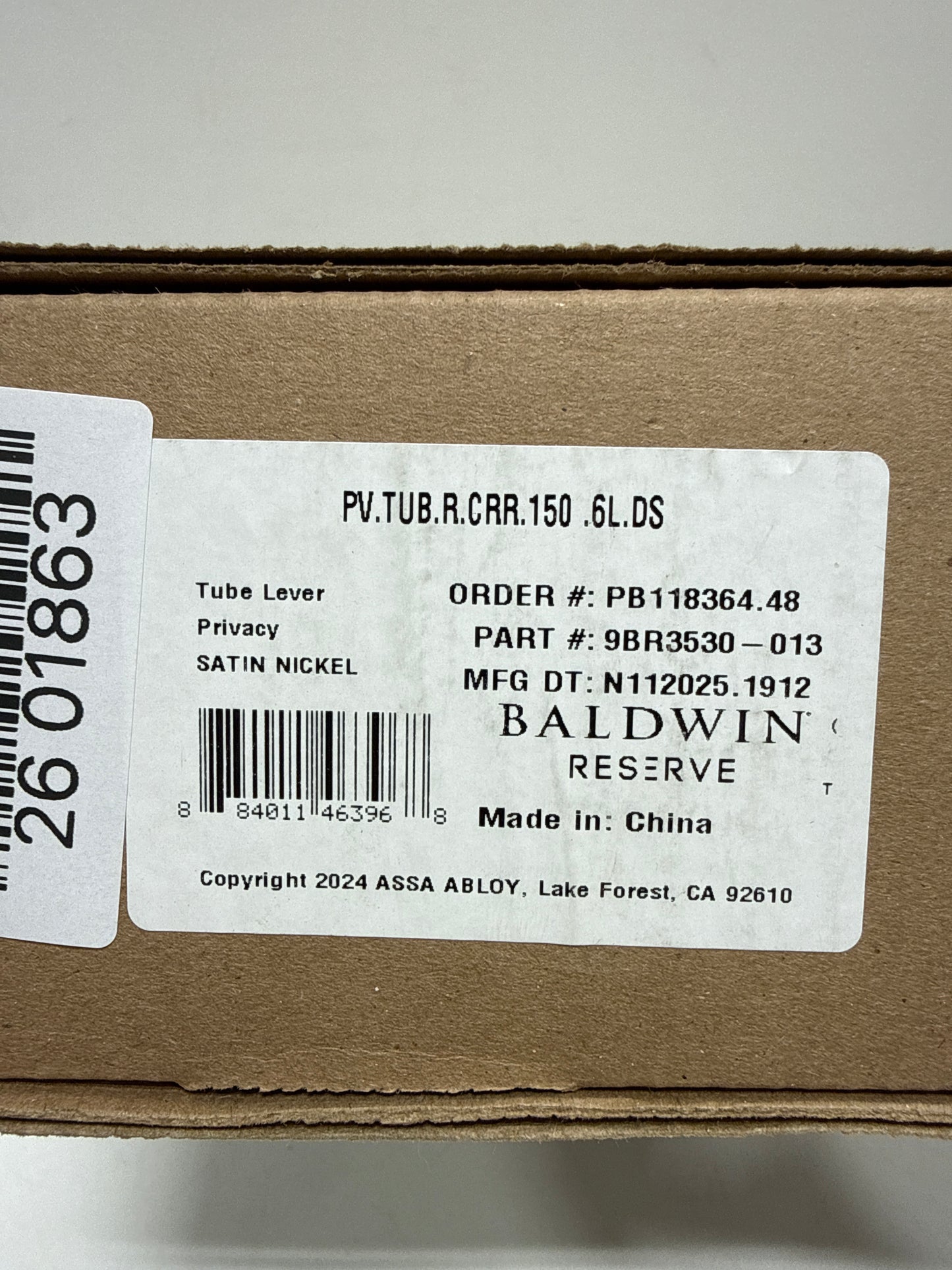 Baldwin PV.TUB.R.CRR.150.6L.DS Tube Right-Handed Privacy Lever with Contemporary Round Rose, Satin Nickel