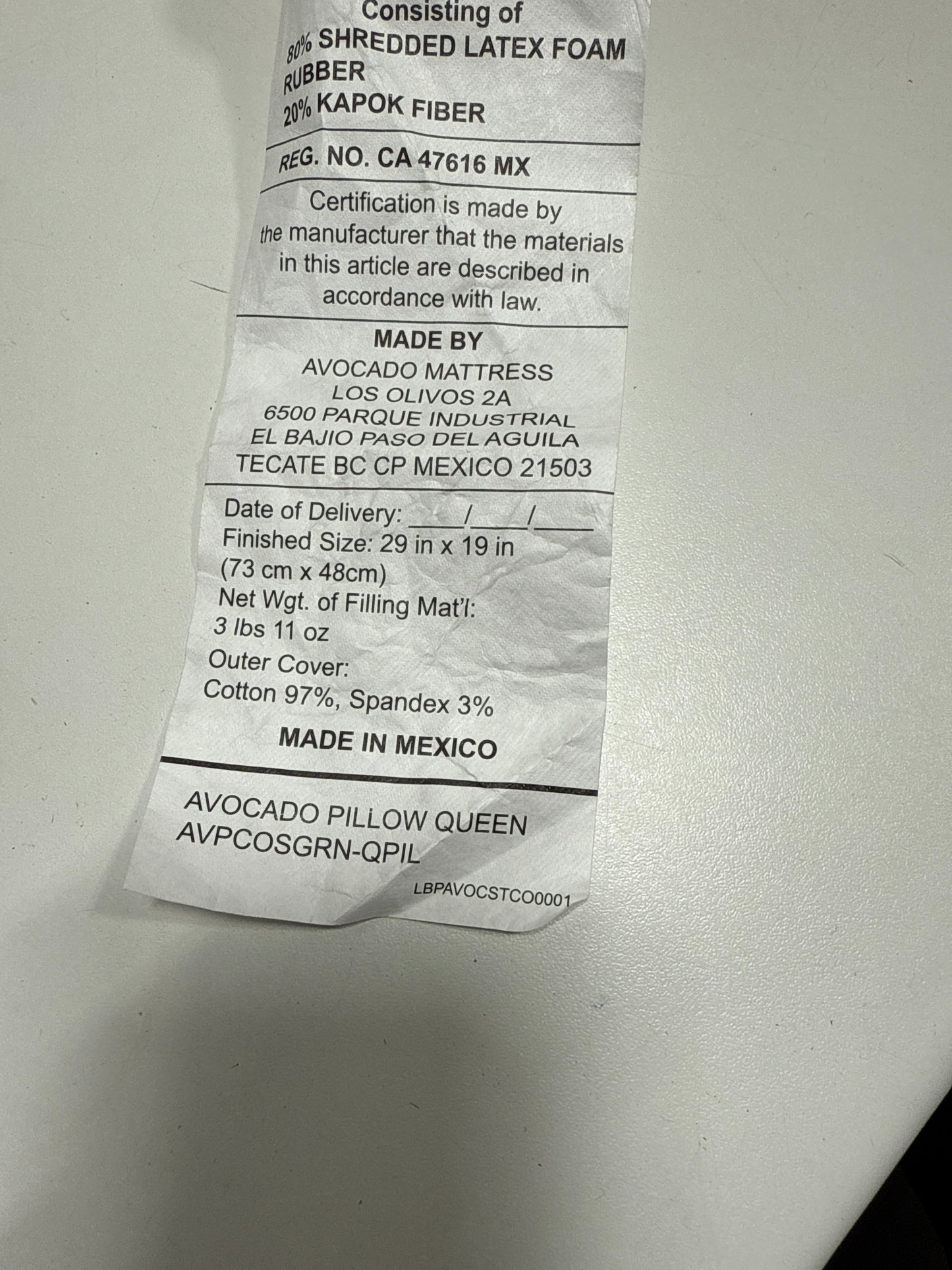 Avocado Organic Pillow with Natural Latex and Kapok Fill Quen