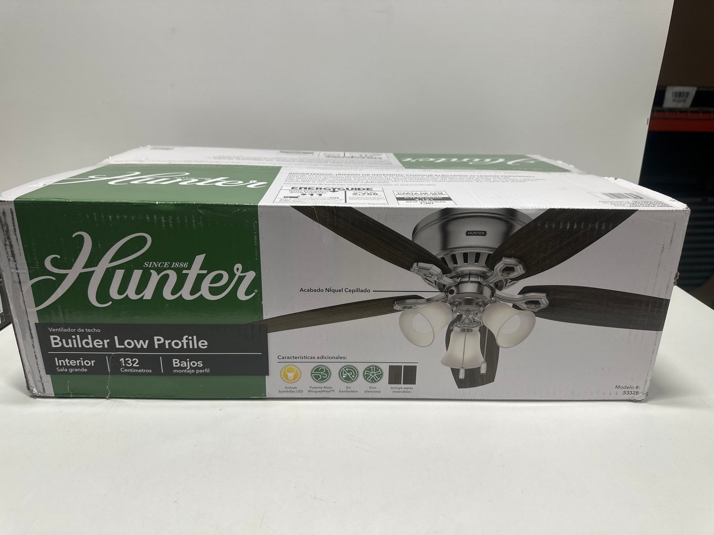 Hunter 52 inch Indoor Ceiling Fan with LED Lights - Ceiling Fan with Pull Chain, For Bedroom, Living Room, or Kitchen, Low Profile Mount, No Remote, 5 Blades - Builder 53328, Brushed Nickel