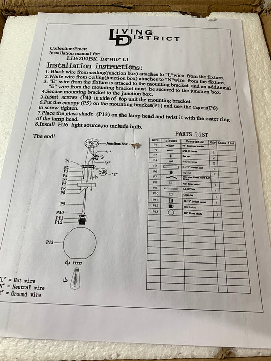 Elegant Lighting Emett 8 Inch Mini Pendant Emett - LD6204BK - Nautical