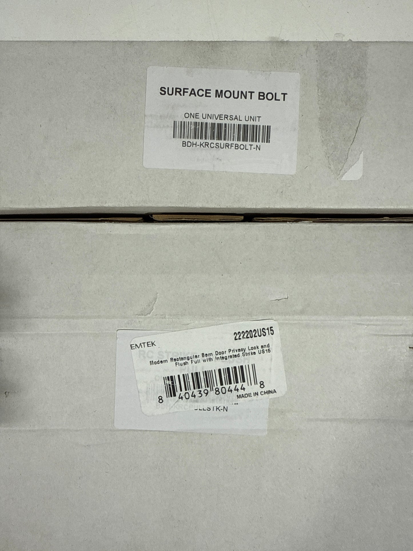 Emtek 222202 Modern Rectangular Surface Jamb Mounted Privacy Lock with Flush Pull and Integrated Strike for Barn Doors Satin Nickel