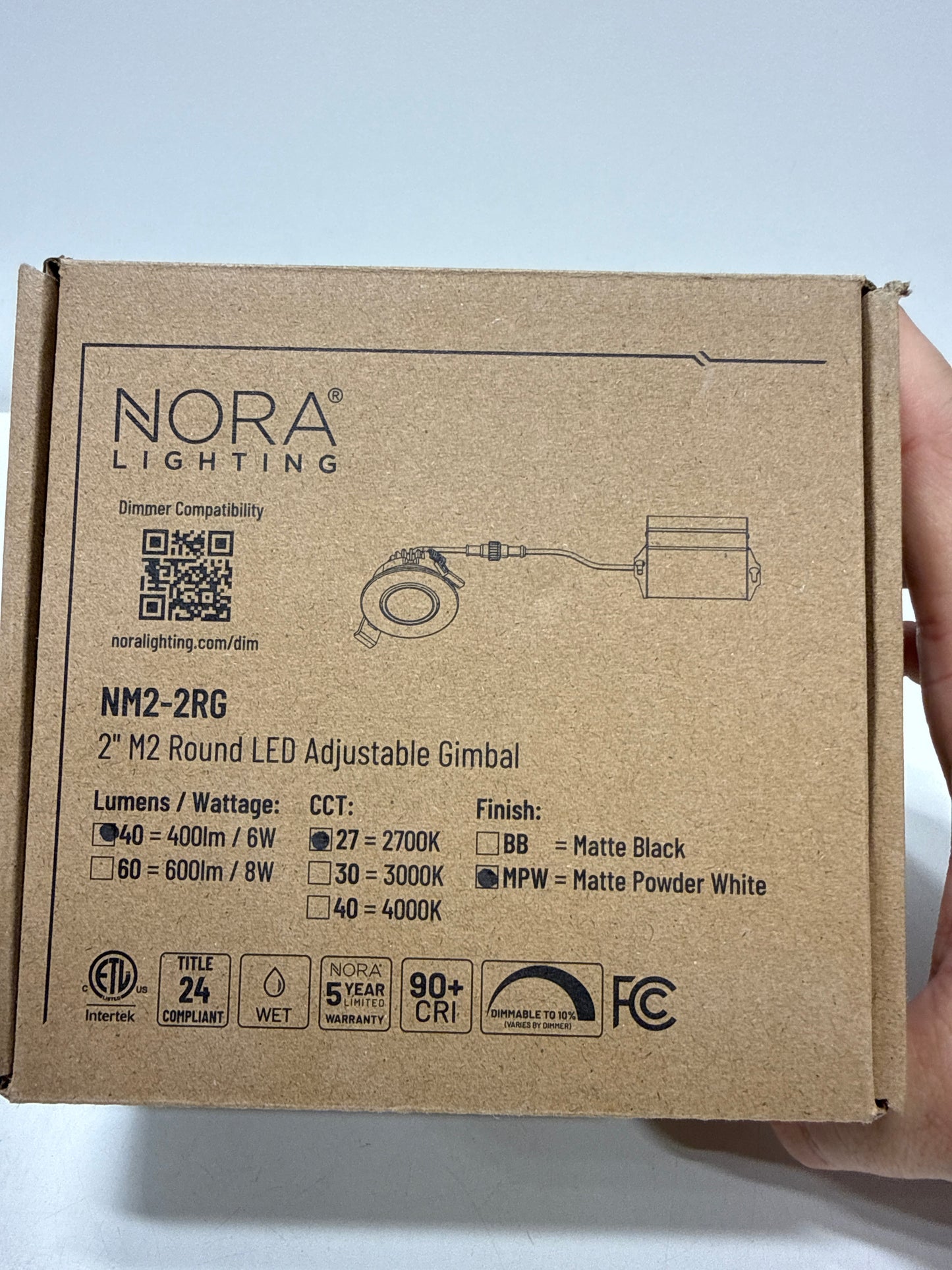 Nora NM2-2RG4027MPW 2" Mini Recessed Gimbal, 400 Lumens - No Housing Required (Matte Powder White, 2700K)