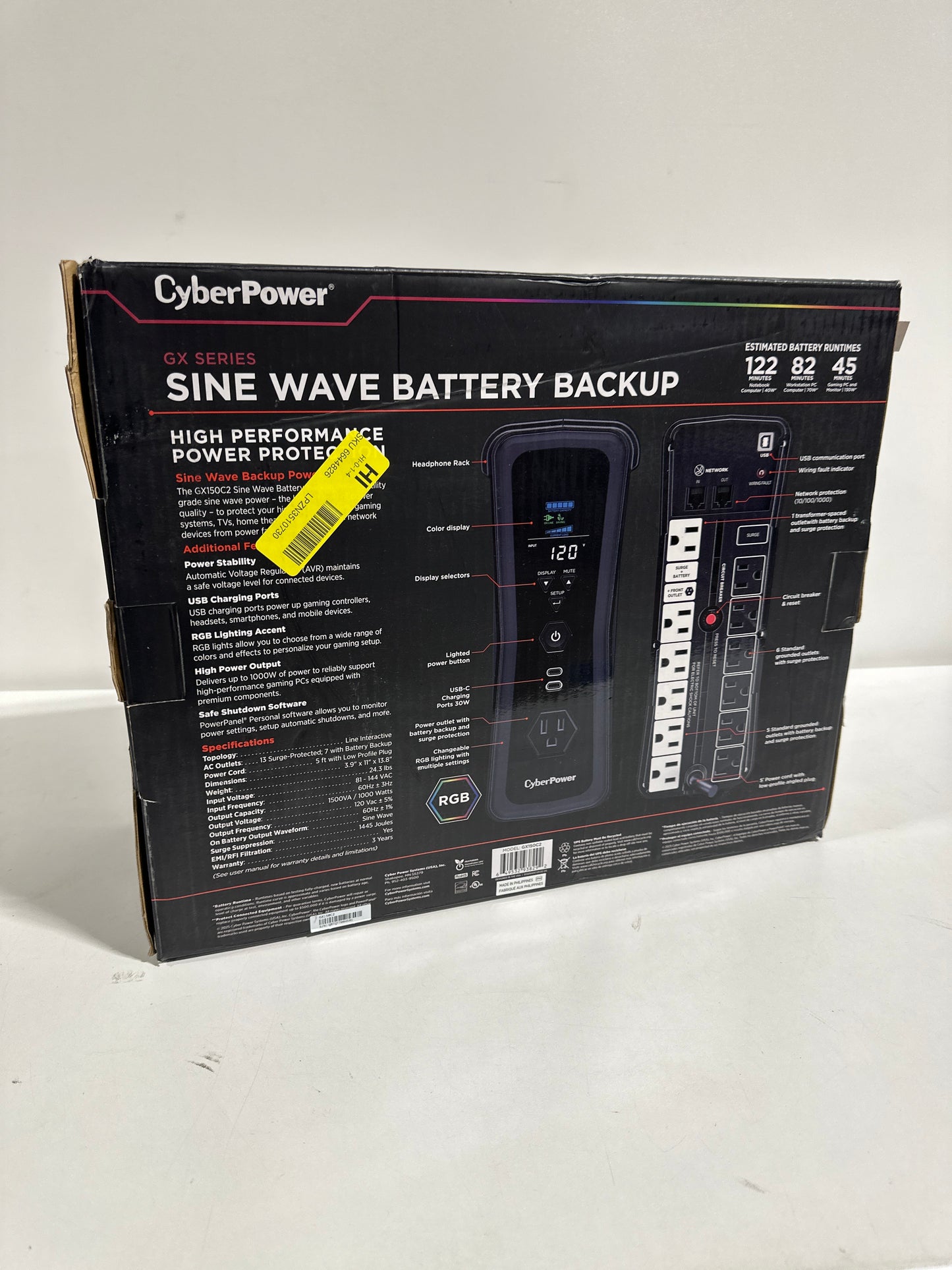 CyberPower - GX150C2 Gaming UPS Battery Backup with RGB Lighting, Sine Wave Output, and USB Charging Ports - Black