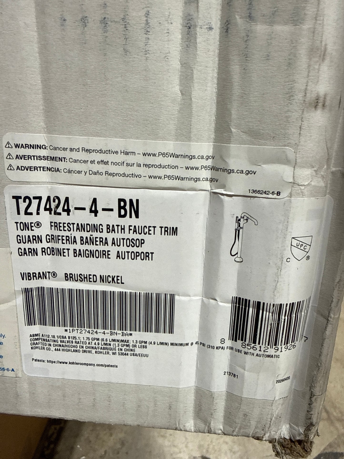KOHLER K-T27424-4 Tone Floor-mount Bath Filler Trim with Handshower