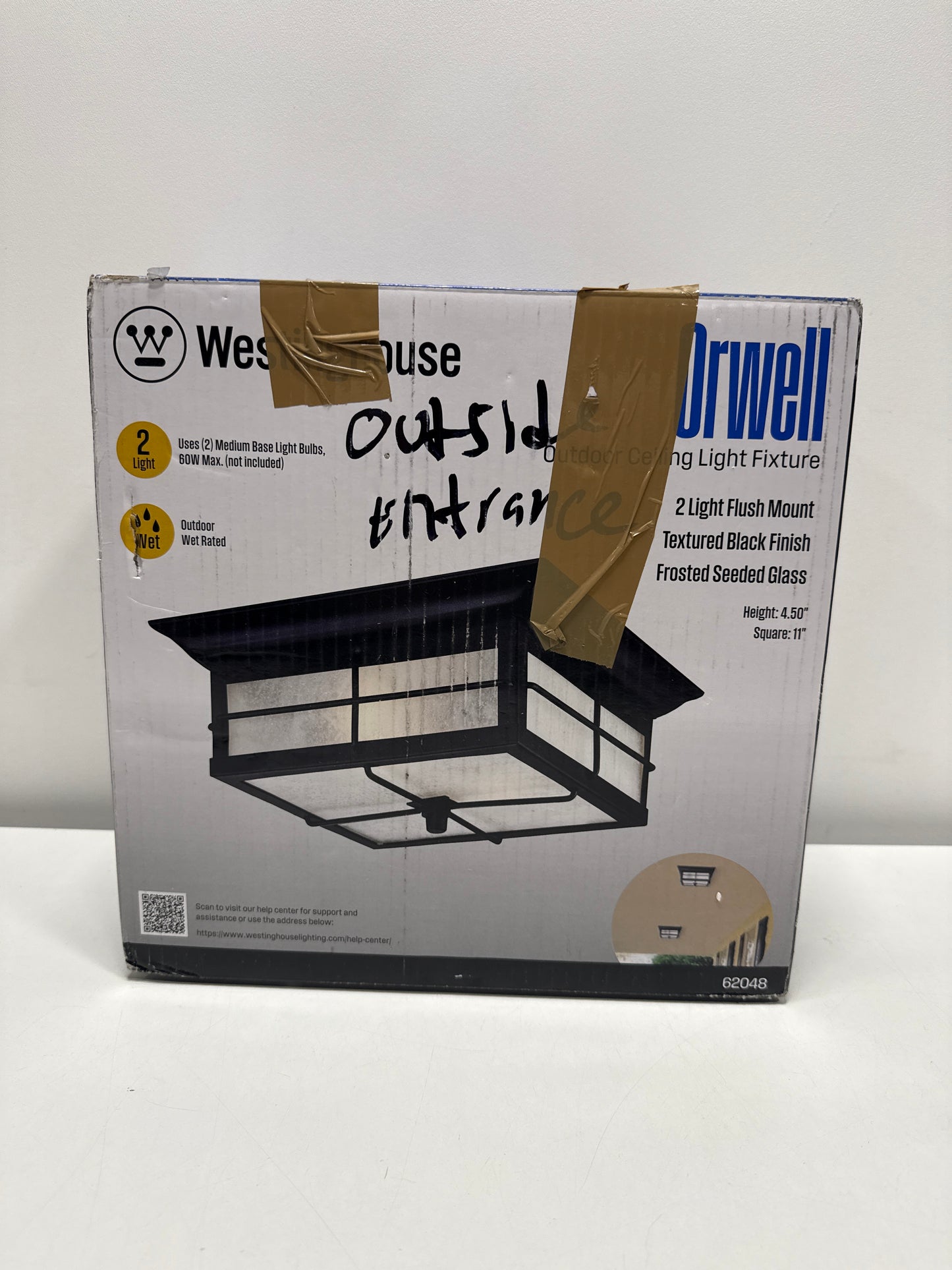 Westinghouse 6204800 Orwell Two-Light Outdoor Flush-Mount Fixture, Textured Black Finish on Steel with Frosted Seeded Glass