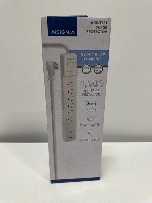 Insignia™ - 6-Outlet / 1-USB-C / 1-USB 1,800 Joules Surge Protector Strip with 6 ft. Power Cord - White