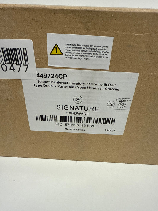 Signature Hardware 329378 Teapot Centerset Bathroom Faucet with Porcelain Cross Handles and Pop-Up Drain Assembly