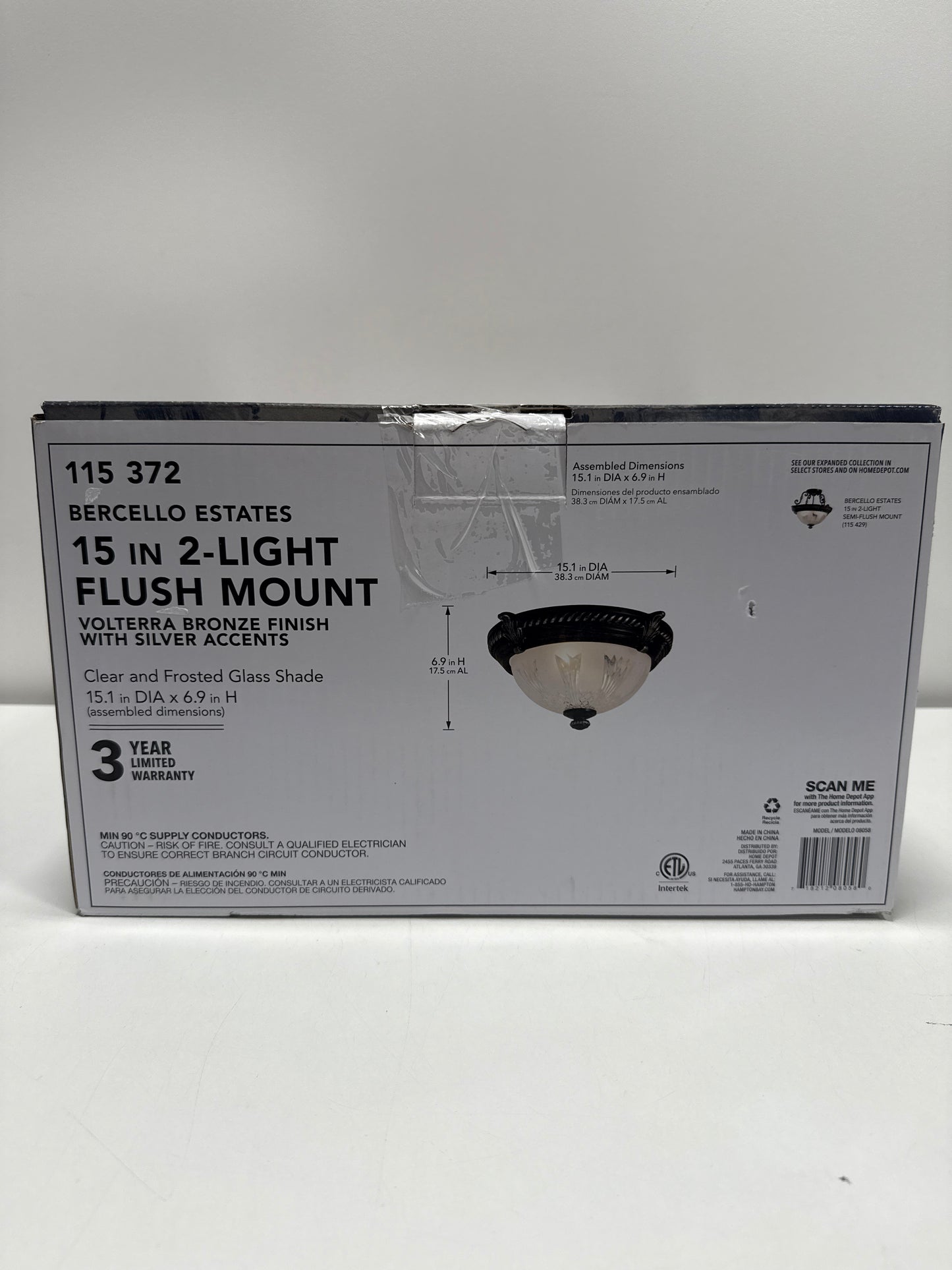Bercello Estates 15 in. Traditional 2-Light Volterra Bronze Dimmable Flush Mount Ceiling Light with Etched Glass Shade