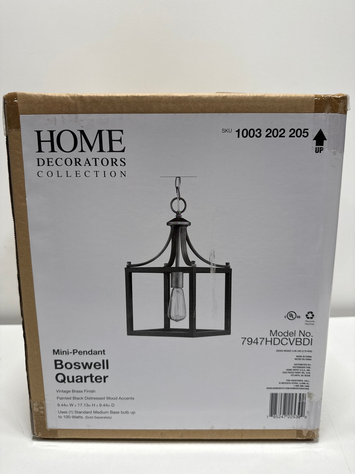 Boswell Quarter 9-1/4 in. 1-Light Vintage Brass Coastal Mini-Pendant with Painted Black Distressed Wood Accents