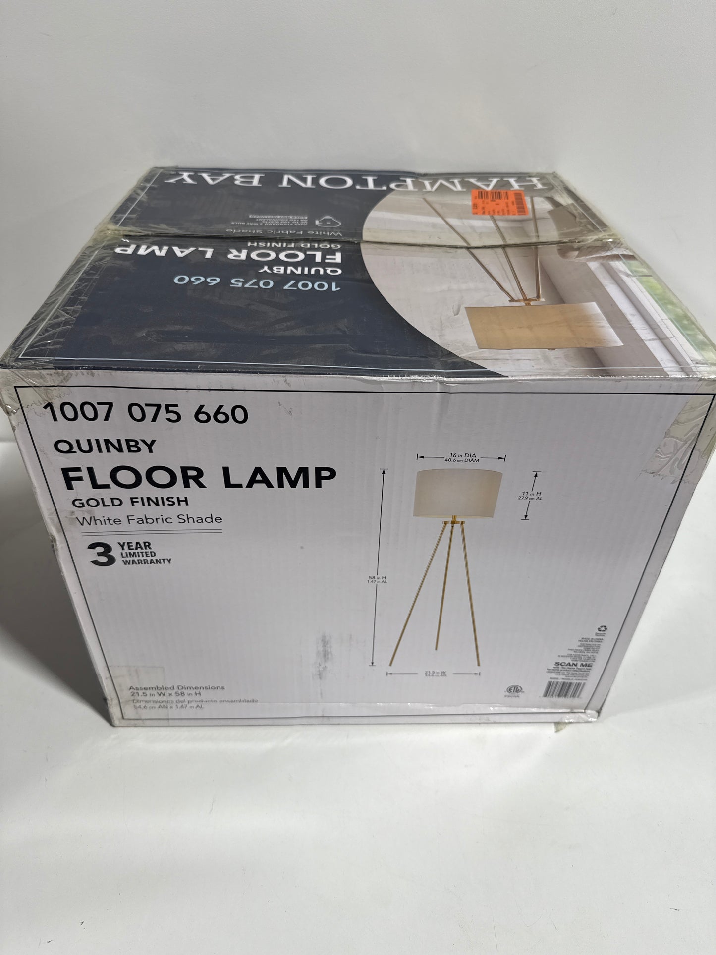 Quinby 58 in. Gold Tripod Floor Lamp with White Fabric Shade