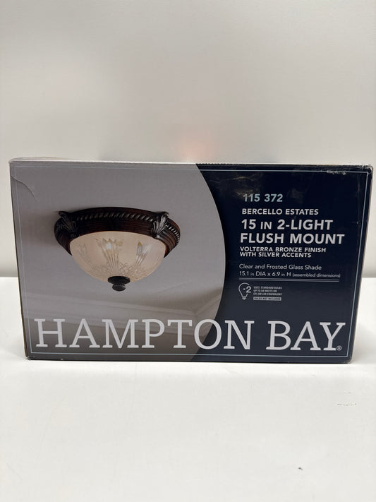Bercello Estates 15 in. Traditional 2-Light Volterra Bronze Dimmable Flush Mount Ceiling Light with Etched Glass Shade