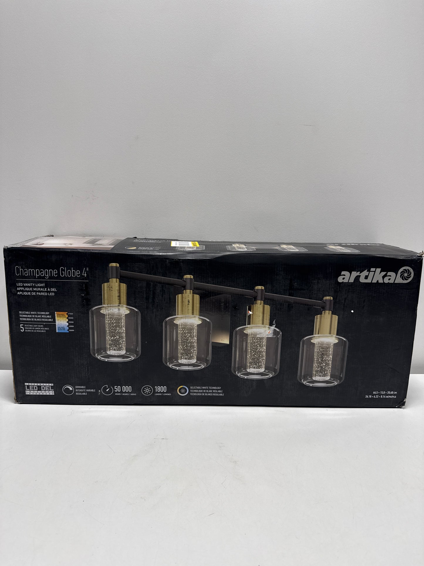 Champagne Globe 26 in. 4 Light Black & Gold Modern Integrated LED 5 CCT Vanity Light Bar for Bathroom with Bubble Glass