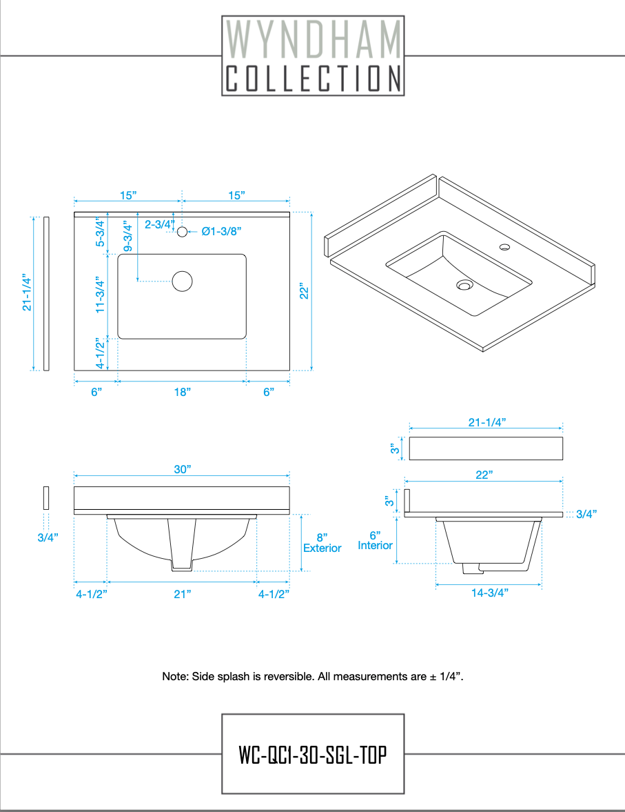 Wyndham Collection 30" White Quartz Vanity Top with Backsplash and Sidesplash