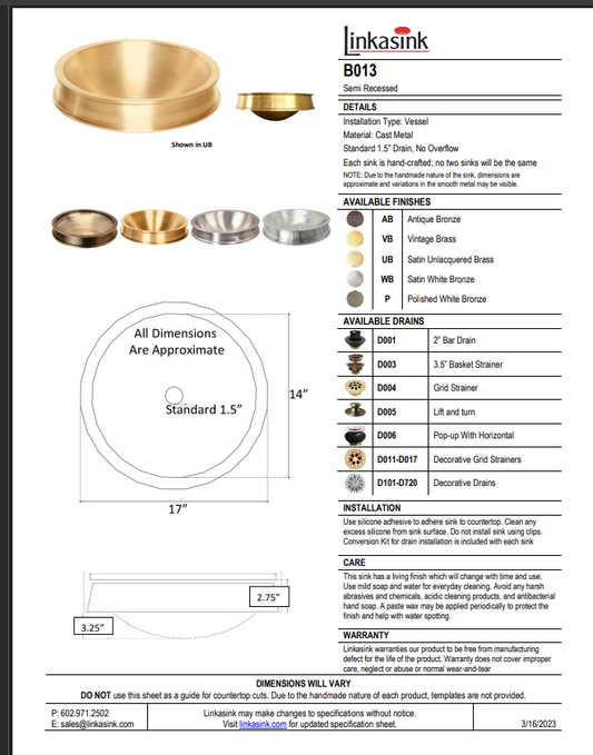 Linkasink 17" Wide Semi Recessed Vessel B013 VB