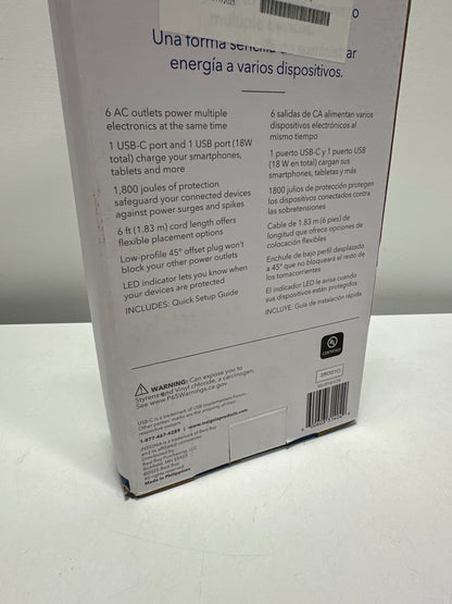 Insignia™ - 6-Outlet / 1-USB-C / 1-USB 1,800 Joules Surge Protector Strip with 6 ft. Power Cord - White - *Lighting &