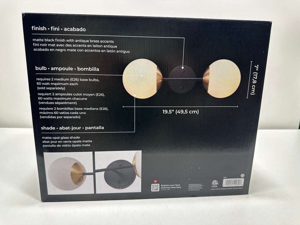 Globe Electric 52079 Celestia 2-Light Wall Sconce, Matte Black, Antique Brass Accent Socket, Matte Opal Glass Shades