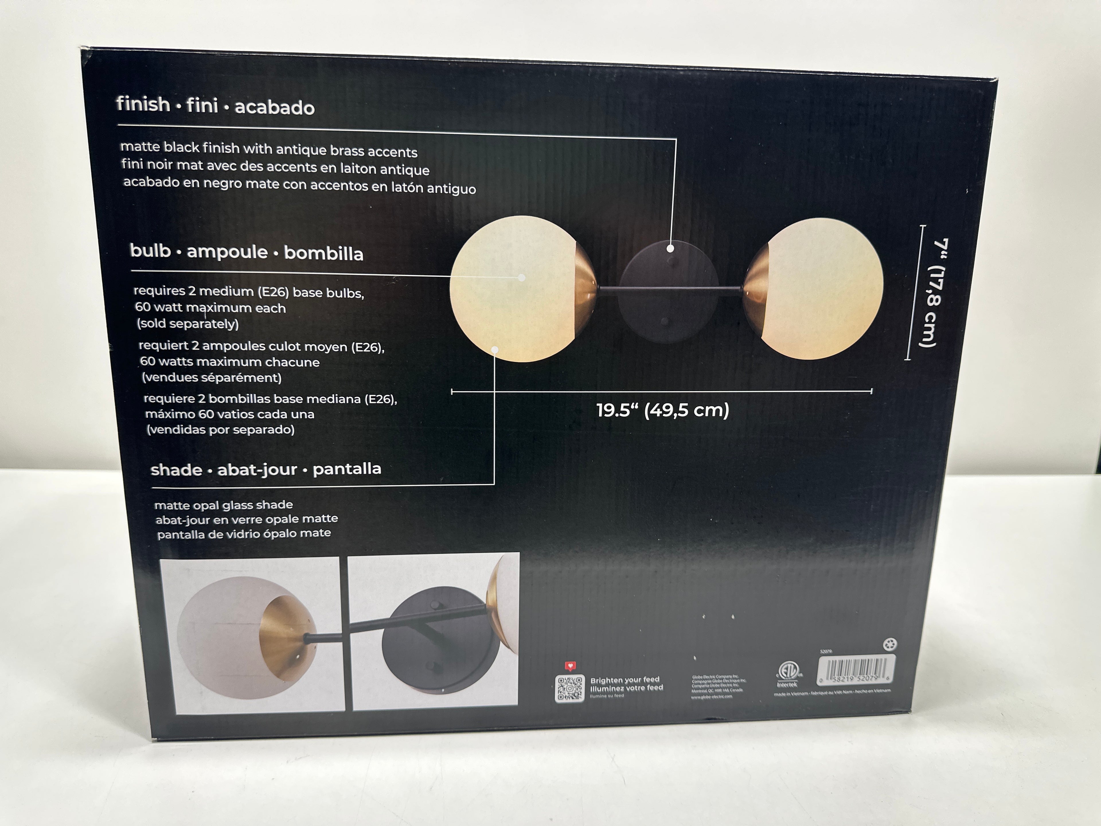 Globe Electric 52079 Celestia 2-Light Wall Sconce, Matte Black, Antique Brass Accent Socket, Matte Opal Glass Shades