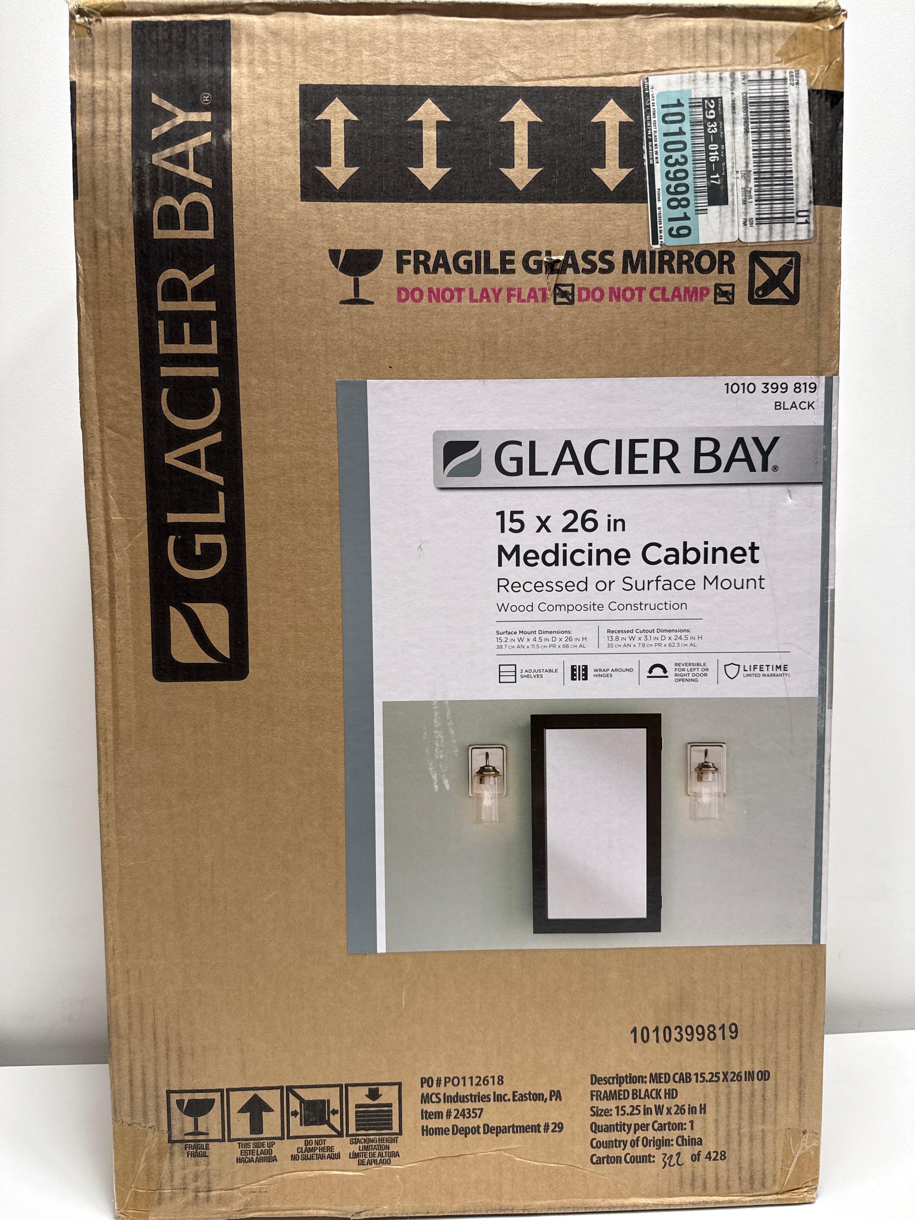 Glacier Bay 15-1/4 in. W X 26 in. H Framed Medicine Cabinet with Mirror, Black