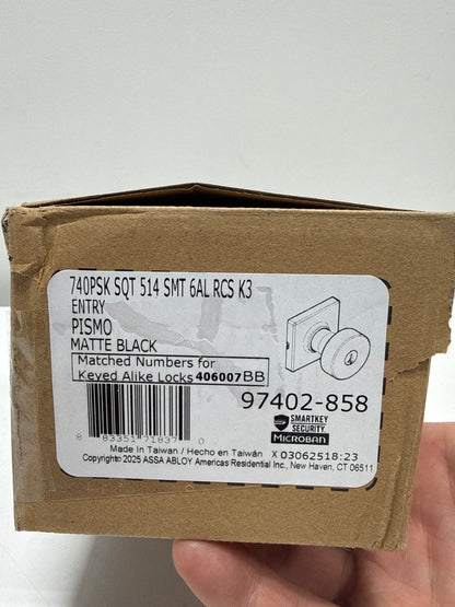 Pismo Square Keyed Entry Knob Featuring SmartKey Security in Matte Black