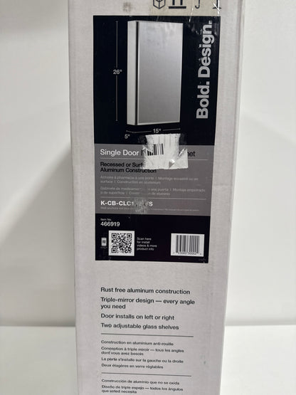 KOHLER K-CB-CLC1526FS 15" W X 26" H Aluminum Single-door Medicine Cabinet with Mirrored Door, Beveled Edges