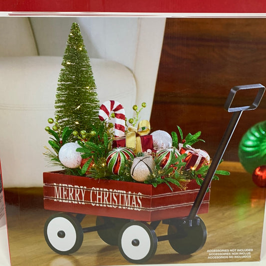 Holiday Arrangement with LED Lights Merry Christmas Red Wagon