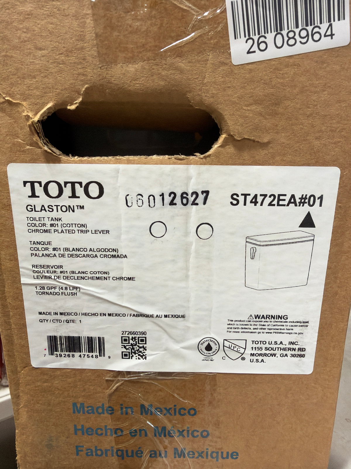 TOTO® Glaston™ 1.28 GPF Toilet Tank, Cotton White - ST472EA#01