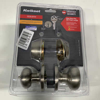 Kwikset Cove Satin Nickel Keyed Entry Door Knob and Single Cylinder Deadbolt Combo Pack Featuring SmartKey and Microban