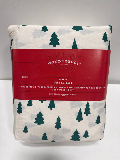 Queen Christmas Holiday Cotton Sateen Sheet Set Tree Scene - Wondershop
