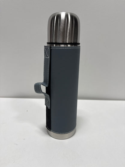 Mr. Coffee Leatherette 23 Oz Stainless Steel Thermal Bottle – Double Wall Insulated Flask with Faux Leather Sleeve & Carry Handle, Blue – Leak-Pro