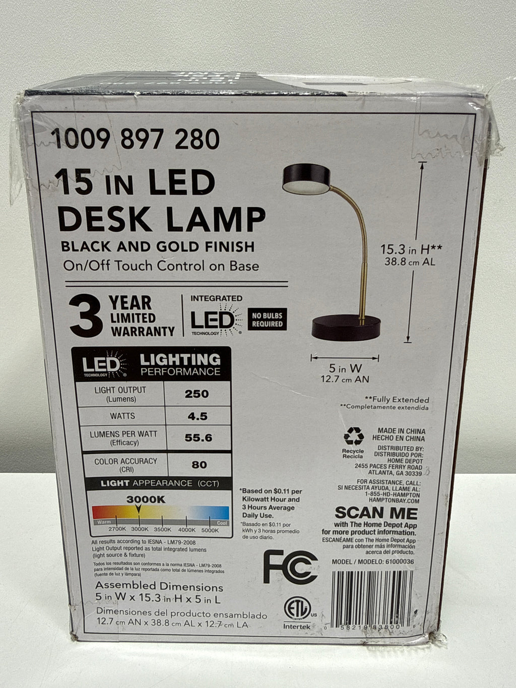 Hampton Bay 15 in. Matte Black LED Lamp with Adjustable Lamp Head