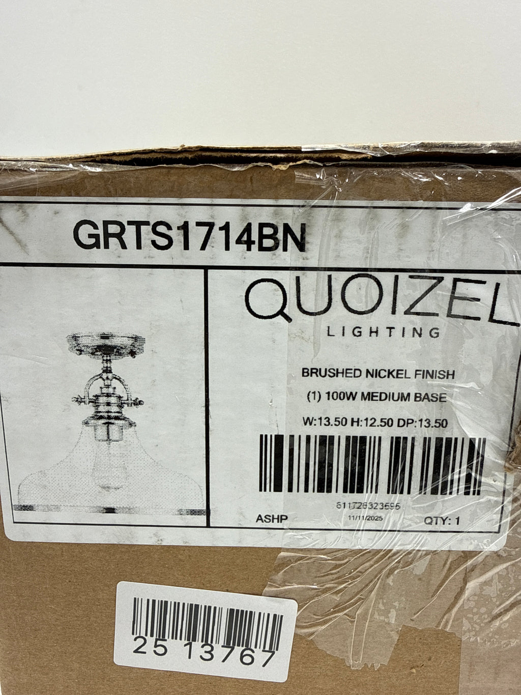Quoizel Grant 13 1/2’’ High Brushed Nickel Ceiling Light - *Lighting & Electrical