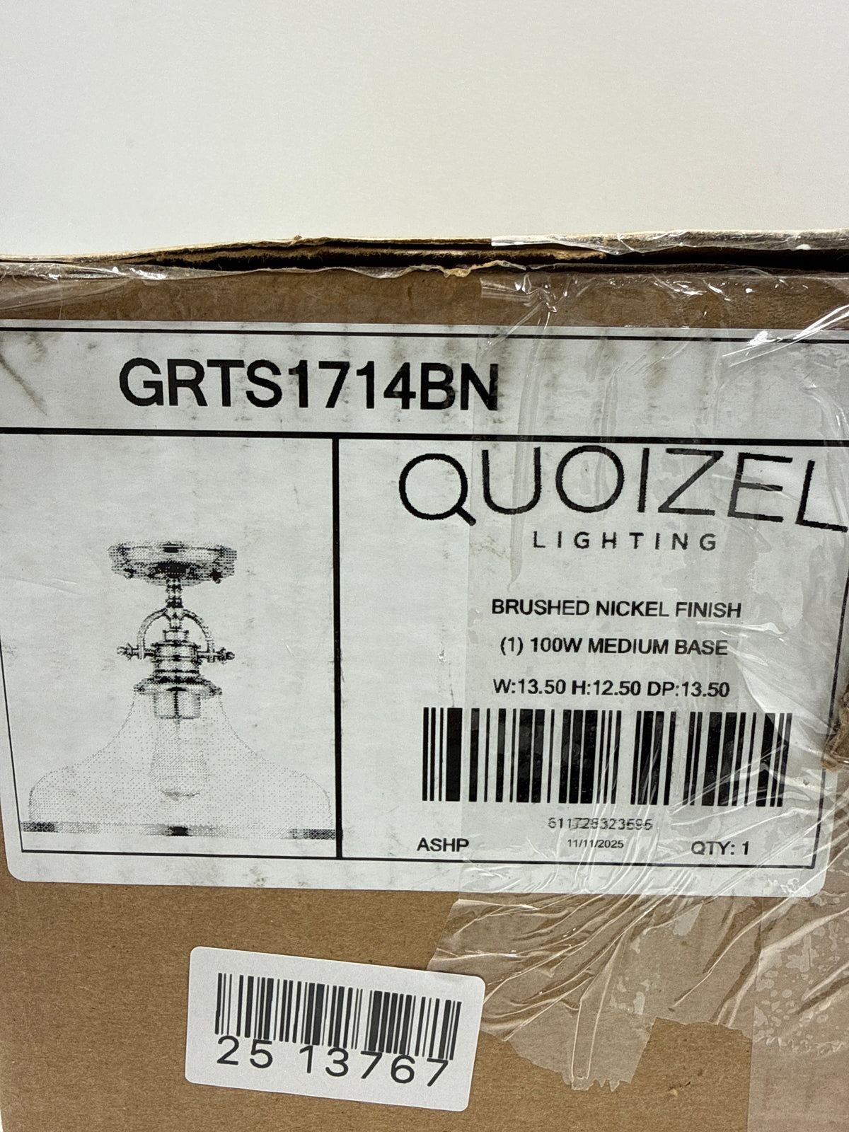 Quoizel Grant 13 1/2’’ High Brushed Nickel Ceiling Light - *Lighting & Electrical