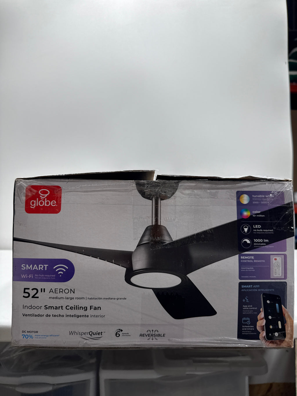 Globe Electric 37000110 52" Smart Ceiling Fan with LED Light, Remote Control, WhisperQuiet DC Motor, 6 Speeds, Matte Black